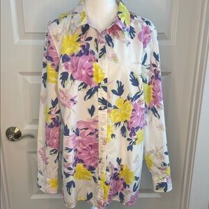 Talbots Floral Button-Front Blouse in White, Pink & Yellow Size Large